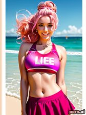 Kylie, as a twenty-three year old woman, ((cheerleader skirt)), long legs, ((playing volleyball on the beach)), crop top, ((laughing)), colombian, pink hair, ((updo, ornate, stylish, elaborate hair)), t-pose, shower, ((looking up at viewer))
