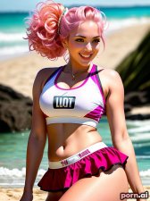 Kylie, as a twenty-three year old woman, ((cheerleader skirt)), long legs, ((playing volleyball on the beach)), crop top, ((laughing)), colombian, pink hair, ((updo, ornate, stylish, elaborate hair)), t-pose, shower, ((looking up at viewer))

