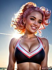 Kylie, as a twenty-three year old woman, ((cheerleader skirt)), long legs, ((playing volleyball on the beach)), crop top, ((laughing)), colombian, pink hair, ((updo, ornate, stylish, elaborate hair)), t-pose, shower, ((looking up at viewer))
