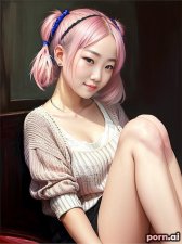 Ziyi Peng, as a twenty-three year old woman, tattoos, sweater, pastel, ((sexy)), chinese, pink hair, ((cute pigtails)), ((knees up)), party, ((viewed from a distance))
