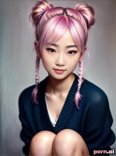 Ziyi Peng, as a twenty-three year old woman, tattoos, sweater, pastel, ((sexy)), chinese, pink hair, ((cute pigtails)), ((knees up)), party, ((viewed from a distance))
