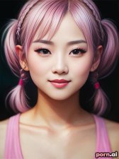 Ziyi Peng, as a twenty-three year old woman, tattoos, sweater, pastel, ((sexy)), chinese, pink hair, ((cute pigtails)), ((knees up)), party, ((viewed from a distance))

