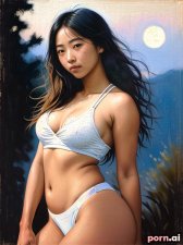 Eun Lee, as a eighteen year old woman, ((freckled face)), ((socks up to mid-thigh)), tan, ahegao, korean, white hair, ((messy hair)), ((standing)), moon, viewed from the side
