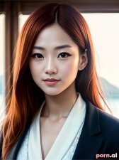 Haru Sato, as a thirty year old woman, tall, tailcoat, crop top, ((sexy)), japanese, ginger, red hair, ((straight hair)), ((knees together)), boat, close-up view

