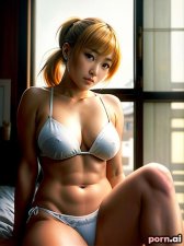 Chie Ogawa, as a twenty-three year old woman, oiled body, sailor, orange, ((sexy)), japanese, blonde hair, ponytail, ((sitting)), bedroom, ((low angle view))
