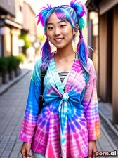 Mirai Shimizu, as a eighteen year old woman, beautiful, pilot, ((funky clothes, tie-dye)), ((laughing)), japanese, white hair, ((cute pigtails)), ((standing)), in the street, ((viewed from a distance))
