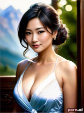 Seo-Yun Oh, as a thirty year old woman, beautiful, tie, western, ((sexy)), korean, blonde hair, ((updo, ornate, stylish, elaborate hair)), chest out, mountains, ((wide_angle view))
