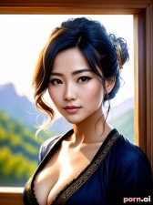Seo-Yun Oh, as a thirty year old woman, beautiful, tie, western, ((sexy)), korean, blonde hair, ((updo, ornate, stylish, elaborate hair)), chest out, mountains, ((wide_angle view))
