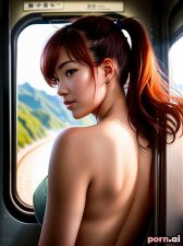 Ran Zhao, as a twenty-three year old woman, big ass, pilot, yellow, ((moaning)), chinese, ginger, red hair, ponytail, pushing butt out, riding a train, viewed from the side
