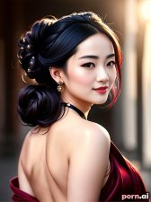 Jiayi Zhao, as a thirty year old woman, lipstick, bathrobe, silk, ((moaning)), chinese, black hair, ((updo, ornate, stylish, elaborate hair)), ((standing)), in the street, viewed from behind, butt, ass
