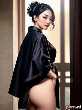 Jiayi Zhao, as a thirty year old woman, lipstick, bathrobe, silk, ((moaning)), chinese, black hair, ((updo, ornate, stylish, elaborate hair)), ((standing)), in the street, viewed from behind, butt, ass
