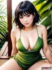 Haru Hayashi, as a thirty year old woman, long legs, ((cute summer thin dress)), green, serious, japanese, black hair, bangs, ((spread open legs)), onsen, close-up view
