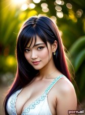 Daiyu Xie, as a thirty year old woman, big hips, pajamas, green, ahegao, chinese, highlighted hair, ((straight hair)), t-pose, oasis, close-up view

