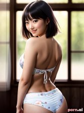 Shiori Ogawa, as a eighteen year old woman, petite, geisha, transparent, ((laughing)), japanese, highlighted hair, ((straight hair)), ((dancing)), bedroom, viewed from behind, butt, ass
