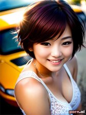 Soo Lee, as a twenty-three year old woman, perfect body, high socks, red, ((laughing, giggling, smiling)), korean, highlighted hair, pixie, ((knees up)), car, ((looking up at viewer))
