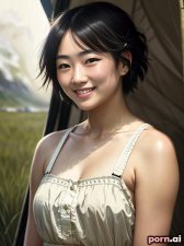 Sae Shimizu, as a twenty-three year old woman, short, kilt, ((highly-detailed)), ((laughing)), japanese, white hair, short hair, ((standing)), in a tent, close-up view
