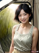 Sae Shimizu, as a twenty-three year old woman, short, kilt, ((highly-detailed)), ((laughing)), japanese, white hair, short hair, ((standing)), in a tent, close-up view
