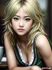 Sae Saito, as a twenty-three year old woman, skinny, pirate, green, ((sexy)), japanese, blonde hair, ((messy hair)), ((knees together)), cafe, ((looking up at viewer))
