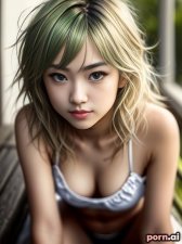 Sae Saito, as a twenty-three year old woman, skinny, pirate, green, ((sexy)), japanese, blonde hair, ((messy hair)), ((knees together)), cafe, ((looking up at viewer))
