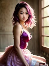 Ratsamee Phongphichit, as a eighteen year old woman, tattoos, ((elegant ballgown)), spandex, ((moaning)), thai, pink hair, ((messy hair)), ((toes pointed)), on a stage, ((looking up at viewer))
