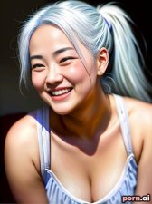 Zixin Zhou, as a twenty-three year old woman, big ass, pajamas, spandex, ((laughing, giggling, smiling)), chinese, white hair, ponytail, t-pose, prison, viewed from the side
