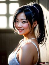 Zixin Zhou, as a twenty-three year old woman, big ass, pajamas, spandex, ((laughing, giggling, smiling)), chinese, white hair, ponytail, t-pose, prison, viewed from the side
