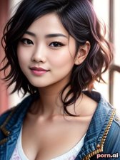 Jing Wu, as a twenty-three year old woman, beautiful, jacket, pink, ((moaning)), chinese, black hair, ((wavy hair)), ((flexing)), ((in a college dorm)), ((looking up at viewer))
