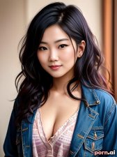 Jing Wu, as a twenty-three year old woman, beautiful, jacket, pink, ((moaning)), chinese, black hair, ((wavy hair)), ((flexing)), ((in a college dorm)), ((looking up at viewer))
