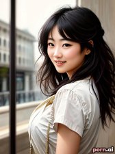 Eun Jang, as a twenty-three year old woman, petite, tie, silk, ((laughing)), korean, brunette, ((messy hair)), ((posing)), at the mall, viewed from the side
