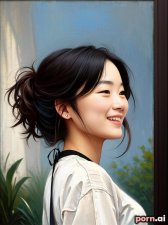 Eun Jang, as a twenty-three year old woman, petite, tie, silk, ((laughing)), korean, brunette, ((messy hair)), ((posing)), at the mall, viewed from the side

