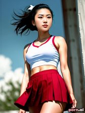 Chao Liu, as a eighteen year old woman, skinny, ((cheerleader skirt)), crop top, serious, chinese, brunette, ((slicked back hair)), ((knees up)), club, ((looking up at viewer))
