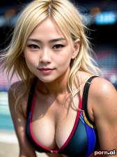 Shiori Murakami, as a thirty year old woman, tattoos, one piece swimsuit, striped, ahegao, japanese, blonde hair, long hair, ((posing)), ((in a stadium)), ((looking up at viewer))
