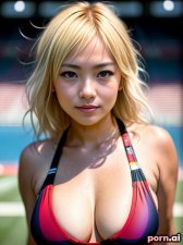 Shiori Murakami, as a thirty year old woman, tattoos, one piece swimsuit, striped, ahegao, japanese, blonde hair, long hair, ((posing)), ((in a stadium)), ((looking up at viewer))
