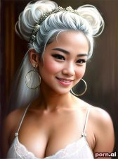 Ratsamee Surin, as a thirty year old woman, ((large boobs)), ((lacy white footies)), latex, ((laughing, giggling, smiling)), thai, white hair, ((updo, ornate, stylish, elaborate hair)), ((posing)), in the emergency room, close-up view
