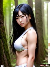 Li Xie, as a twenty-three year old woman, abs, sailor, tribal, ahegao, chinese, white hair, long hair, ((knees together)), forest, ((viewed from a distance))
