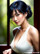 Jing Gao, as a thirty year old woman, oiled body, high heels, shiny, serious, chinese, black hair, ((updo, ornate, stylish, elaborate hair)), ((dancing)), forest, close-up view
