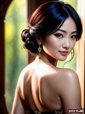 Jing Gao, as a thirty year old woman, oiled body, high heels, shiny, serious, chinese, black hair, ((updo, ornate, stylish, elaborate hair)), ((dancing)), forest, close-up view
