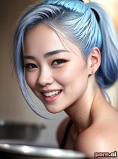 Soo Shim, as a eighteen year old woman, petite, casual, blue, ((laughing)), korean, white hair, ponytail, pushing butt out, cooking in the kitchen, close-up view
