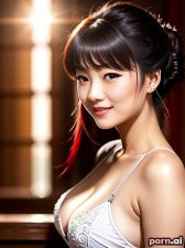 Jiayi Lin, as a eighteen year old woman, oiled body, waitress, red, ((laughing)), chinese, brunette, ((updo, ornate, stylish, elaborate hair)), ((sitting)), beach, viewed from the side
