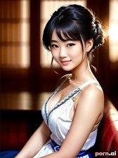 Jiayi Lin, as a eighteen year old woman, oiled body, waitress, red, ((laughing)), chinese, brunette, ((updo, ornate, stylish, elaborate hair)), ((sitting)), beach, viewed from the side
