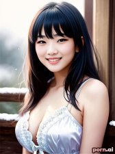 Jiayi Ruan, as a eighteen year old woman, long legs, corset, silk, ((laughing, giggling, smiling)), chinese, white hair, bangs, ((posing)), snow, ((looking up at viewer))
