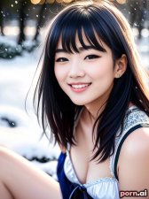 Jiayi Ruan, as a eighteen year old woman, long legs, corset, silk, ((laughing, giggling, smiling)), chinese, white hair, bangs, ((posing)), snow, ((looking up at viewer))
