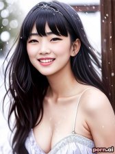 Jiayi Ruan, as a eighteen year old woman, long legs, corset, silk, ((laughing, giggling, smiling)), chinese, white hair, bangs, ((posing)), snow, ((looking up at viewer))
