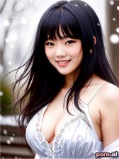 Jiayi Ruan, as a eighteen year old woman, long legs, corset, silk, ((laughing, giggling, smiling)), chinese, white hair, bangs, ((posing)), snow, ((looking up at viewer))
