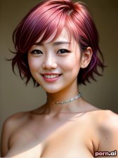 Hyeon Park, as a thirty year old woman, petite, choker, ((naked breasts exposed)), ((laughing, giggling, smiling)), korean, pink hair, short hair, ((dancing)), on a stage, ((viewed from a distance))
