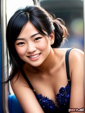 Sirin Phongphichit, as a twenty-three year old woman, beautiful, ((prom dress)), blue, ((laughing, giggling, smiling)), thai, black hair, ponytail, ((knees up)), riding a train, close-up view
