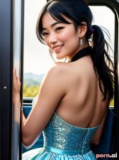 Sirin Phongphichit, as a twenty-three year old woman, beautiful, ((prom dress)), blue, ((laughing, giggling, smiling)), thai, black hair, ponytail, ((knees up)), riding a train, close-up view
