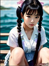 Hee Jang, as a eighteen year old woman, beautiful, sailor, goth, serious, korean, white hair, ((cute pigtails)), ((knees up)), lake, viewed from the side
