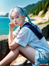 Hee Jang, as a eighteen year old woman, beautiful, sailor, goth, serious, korean, white hair, ((cute pigtails)), ((knees up)), lake, viewed from the side
