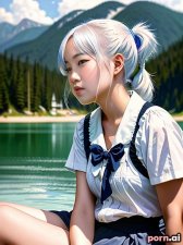 Hee Jang, as a eighteen year old woman, beautiful, sailor, goth, serious, korean, white hair, ((cute pigtails)), ((knees up)), lake, viewed from the side
